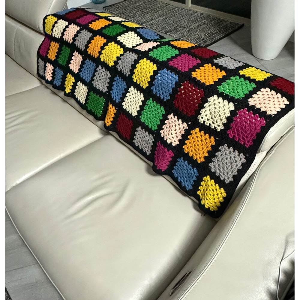 Vintage Style Handmade Crochet Granny Square Multi Color Patchwork Throw Blanket